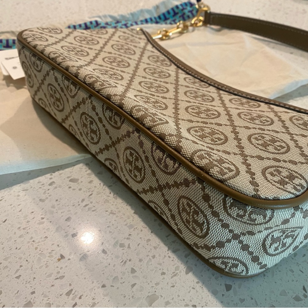 NWT TORY BURCH T Monogram Studio Bag Hazelnut Woven Jacquard/Leather - Picture 7 of 9